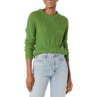 Amazon Essentials Damen Pullover mit Rundhalsausschnitt und Zopfmuster aus 100 % Baumwolle, Grün, M