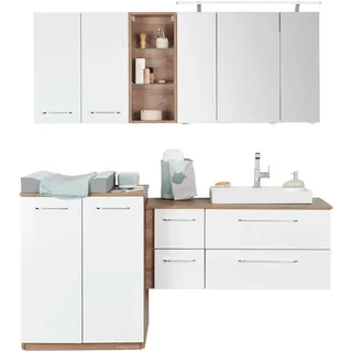 Sadena Badezimmer , Braun, Weiß Hochglanz , Metall , 10 Fächer , 4,4 Schubladen , 180 cm , hängend, individuell planbar, Zusatzausstattung erhältlich, erweiterbar, Typenvielfalt , Badezimmer, Badmöbelsets & Badmöbelserien, Badmöbel-Sets