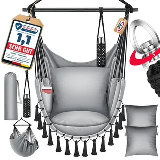 KESSER® Hängesessel mit 2 Kissen Getränkehalter & Bücherfach - Safari XXL Hängestuhl für Erwachsene & Kinder Hängematte bis 150 kg Hängesitz Aufhängung Indoor & Outdoor Wohn & Garten Terrasse - Grau