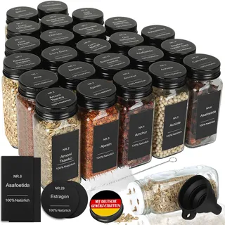 24er Set Gewürzgläser Eckig mit Streueinsatz - mit 324 Deutsch Wasserfeste Label - 120ml Luftdichte Gewürzgläser Schwarz - Gewürzstreuer Glas Organizer - Gewürzbehälter Spice Jars - Gewürzdosen Set
