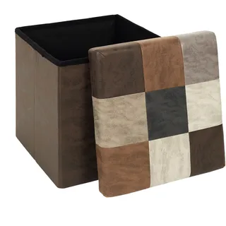 HOME DECO FACTORY, HD7665, Faltbare Pu-Patchwork-Pouf-Truhe, Indus Bistro, Möbel, Sitz, Faltbare Truhe und Bank, 38 x 38 x 38 cm, Sitzhöhe 38 cm, braun
