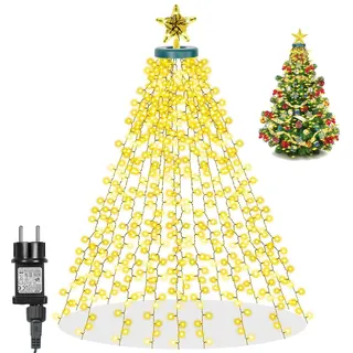 Weihnachtsbaum Lichterkette, 490LED Christbaumbeleuchtung 3 m mit stern, Wasserfall Überwurf Lichterkette, 8 Leuchtmodi Memory Timer, für Innen - Gelb
