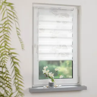 Doppelrollo GARESA "Blume" Gr. 2, grau (weiß, taupe, weiß, weiß), B:110cm H:150cm, Polyester, Rollos, Doppelrollo, dekorativ, bedruckt
