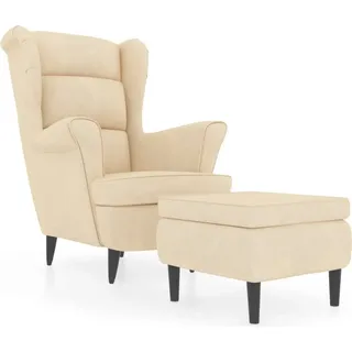 Ohrensessel mit Hocker Creme Samt - Creme