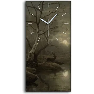 Leinwand Wanduhr Wandkunst Uhr 30x60 Malerei Nacht Mond Bäume Natur Fluss Hirsch - weiße Hände - Weiß
