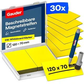 GAUDER Magnetetiketten beschreibbar - Wiederverwendbare Magnetschilder zum Beschriften für Whiteboard, Tafel, Kanban-Board und Kühlschrank - Magnetkarten mit Marker (30 Stück - 120 x 70 mm)