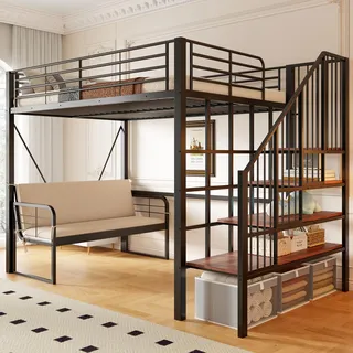 Merax Etagenbett Hochbett 140x200cm mit abnehmbarem Polstersofa, Kinderbett mit stabilem Metallrahmen, Stauraumtreppe, für Kinder&Erwachsene,Schwarz - Schwarz