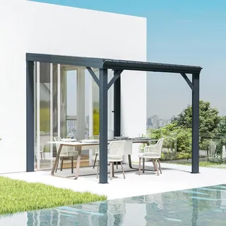 Wandmontierter Pavillon 3 x 3 m Hardtop mit Entwässerungssystem verzinktes Stahldach Grau