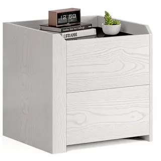 Mondeer Nachttisch, Beistelltisch mit 2 Schubladen Gehärtetes Glas Moderner Stil für Wohnzimmer Schlafzimmer, B45 x H45 x T40 cm, Cremeweiß