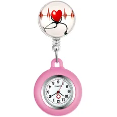 Silverora Silikon Krankenschwester Uhr einziehbar mit Stethoskop Herz Muster Revers Clip-on Taschenuhr für Arzt Krankenschwestern Silikonhülle für Frauen und Männer
