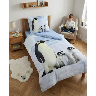 Brandmac - Bettwäsche-Set Vogel – Bettbezug 140 x 200 cm + Kissenbezug 65 x 65 cm, Pinguine – 100 % Baumwolle, Sateen, wendbar, Weiß und Schwarz, 300 TC, Maschinenwäsche, 1 Stück