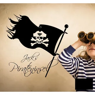 Wandtattoo Wandaufkleber Piratenflagge Totenkopf Pirat Wunschnamen M1355 - ausgewählte Farbe: *Schwarz* Größe:*S 40cm breit x 40cm hoch*