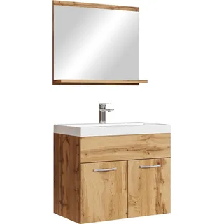 Badplaats Badmöbel Komplettset Montreal 02 60 x 35 cm Eiche - Badezimmermöbel mit Waschbecken und Spiegel - Braun