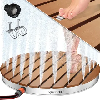 KESSER® Gartendusche Bodendusche Außendusche Saunadusche Campingdusche 70x55 cm Rechteck Fontänenhöhe bis 4 m einstellbar Mit Fußrad, Aluminium/WPC, rutschfeste Standfläche Wetterfest, Holzoptik - Braun