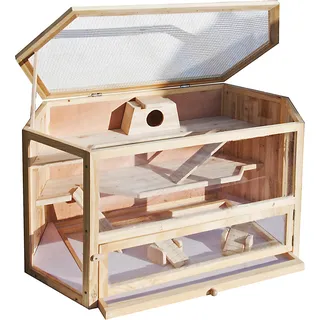 Wiltec XXL 3 Etagen Nagerkäfig, 6-eckig, 1150 x 600 x 580 mm, aus Holz, mit klappbarem Deckel & Sichtfenster, Kleintierhaus Mäusekäfig Hamsterkäfig - Braun