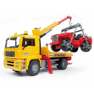 bruder 02750 - Man TGA Abschlepp-LKW mit Geländewagen - 1:16 Abschleppwagen, Abschlepper, Fahrzeug, LKW, Auto, Jeep, Werkstatt, Geländewagen