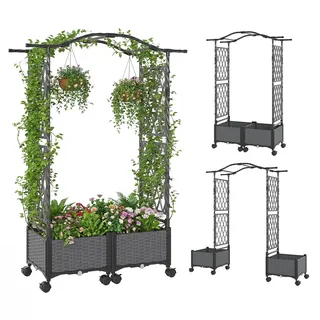 FANTASK 2 in 1 Rosenbogen mit 2 Blumenkasten auf Rollen, Pflanzkasten mit Rankgitter & hängendem Dach, Gartenbogen aus Metall und PP, Rankkasten mit Spalier für Kletterpflanzen, Gartenspalier (Grau)
