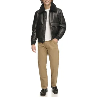 Tommy Hilfiger Herren Bomberjacke aus Kunstleder Kunstlederjacke, Schwarzer Kunstfellkragen, L