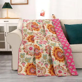Qucover Baumwolle Tagesdecke,Bettüberwurf Patchworkdecke Sofadecke mit Muster, Doppelseitig Boho Decke Couchdecke Sesseldecke Wendedecke für Fernsehen oder Nap auf dem Stuhl (Gelbe Blume, 150x200cm)