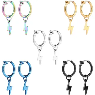 Epoch World 5 Paare Edelstahl Clip Ohrringe für Herren Damen Mädchen Kinder - Magnet Ohne Ohrloch, Blitz Hängend, Creolen - Silber Schwarz Gold Ohrklemmen Non Piercing