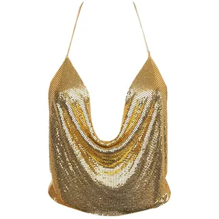 ZUMUii Butterme Damen Sexy Deep V Kette Halter Ärmellos Backless Metall Weste Sequin Crop Top Club Wear (Gold)