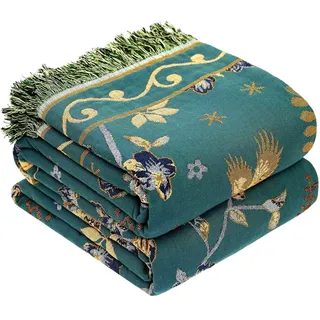 Bohemisches Sofa mit großer Bettdecke, 100 % Baumwolle, weiche doppelseitige Boho-Bettdecke für 2-3-Sitzer-Schlafsofa und Bettdecke, 200 x 230 cm in grün-blau/leicht grün - Türkis