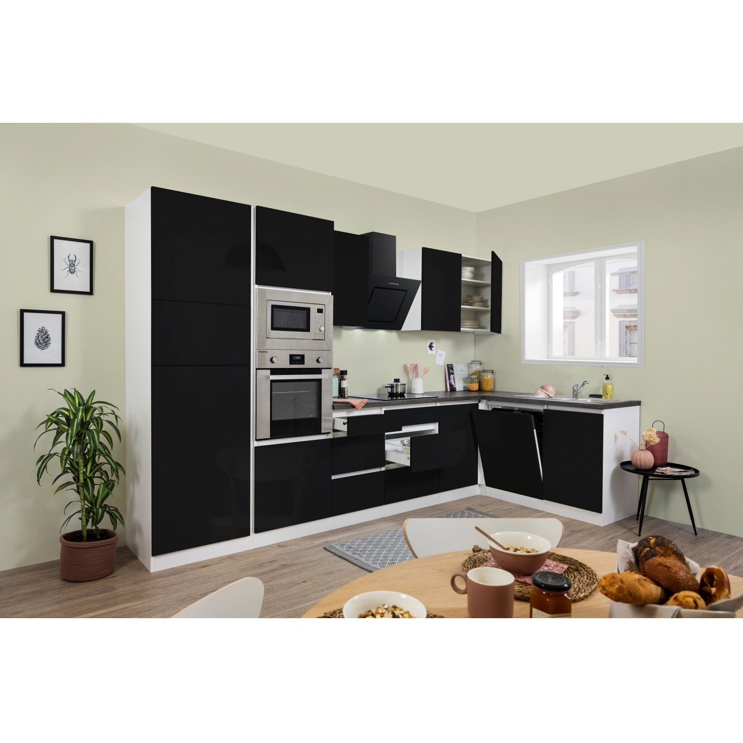 Bild von Winkelküche Lorena L-Form 345 x 175 cm E-Geräte schwarz hochglänzend/weiß
