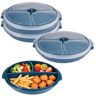 3 Stück Mikrowellenteller mit Deckel und Unterteilung, 24.7 x 22 x 3.5 cm Mikrowellen Geschirr mit 3 Fach Aufteilung, Portionsteller Plastik Teller, Spülmaschinenfest, zum Aufwärmen Mahlzeiten, Blau