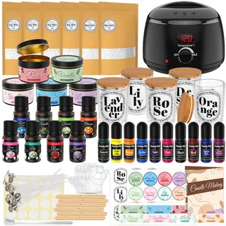 Kerzen Selber Machen Set mit Wachsschmelzer - Komplettes Candle Making Kit für Anfänger, Kerzen Gießen Set mit 1,5 kg Wachs, ätherischem öl, Kerzenfarbe, Gläsern, Aufklebern, Löffel, Klebepunkt