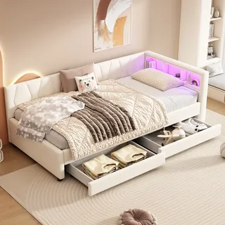 okwish Schlafsofa Tagesbett 90*200cm, Daybett- Ablagefach, USB+Typ C für LED-Umgebungslicht, Bett mit zwei Schubladen,(ohne Matratze), Beige - Beige