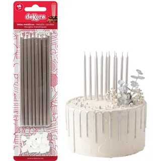 dekora - Geburtstagskerzen Kuchen, 16 Lange metallische Kerzen Silber 13 cm | Schlanke Kerzen mit Haltern, Elegante Tortendeko für Geburtstag, Hochzeit und Jubiläum
