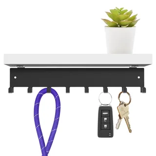 Beautiwall - Stabiler Stahlwand-Schlüsselhalter mit weißer Bambusablage, Schlüsselaufhänger aus Metall und Holz mit Haken für Auto, Wohnung, Aufbewahrung, Schlüssel