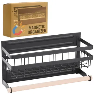 Ricoo Gewürzregal Magnetisch mit Küchenrollenhalter ohne Bohren, KR005, Gewürz Organizer, Kühlschrank Regal, Papierrollenhalter, Gewürzregal Wand, Gewürzregalsystem, Gewürzaufbewahrung, Schwarz
