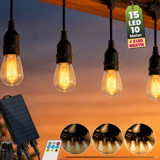 LUMILED Solar Lichterkette Außen Outdoor 15M 15x LED + 2 Ersatzbirnen Flammeneffekt Garten Lichterketten IP65 Wasserdicht 2in1 mit Solarpanel, Strom Fernbedienung Beleuchtung Terrasse Balkon Warmweiß Dimmbar Glühbirnen - Schwarz