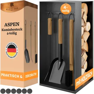 BLACK OAK Kaminbesteck ASPEN 4-teilig Ofenbesteck Set schwarz mit Holzgriff | - praktisches & repräsentatives Kaminzubehör 4 teilig Ständer + Schürhaken Ascheschaufel Kaminbesen Stahl Besteck für Ofen