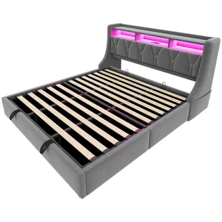 Stilvora Polsterbett 180/200 cm in Grau mit Bettkasten, Led, USB und Type-C Samt , Textil , 4 Fächer , 180x200 cm , Schlafzimmer, Betten, Polsterbetten