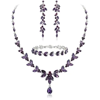 EVER FAITH Schmuckset Österreichisches Kristall Braut Schmuck-Set, Elegante Marquise Strass Blatt Halskette mit baumelnden Ohrringen Tennis-Armband-Set