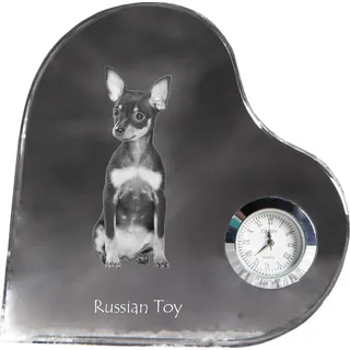 Russischer Toy, Russkiy Toy, Russischer Zwergspaniel - Kristalluhr mit einem Hundebild, Herzregal-Uhr, personalisierte Standuhr der Marke Art-Dog