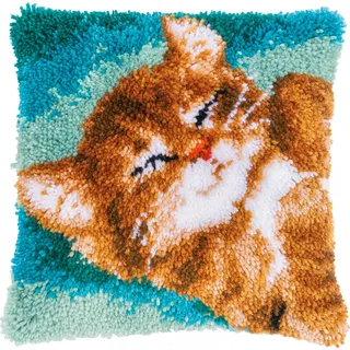 VERVACO Knüpfkissen Set Deko Kissenbezug Knüpfset für Anfänger SCHNURRENDE KATZE Basteln Erwachsene Kreativ DIY Handarbeit Kissen zum Selber Knüpfe 40 x 40 cm Latch Hook Kit Knüpfhaken Set Kissen