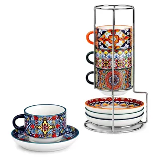 Espressotassen Set 4er, 90 ml Kaffeetassen mit Untertassen & Ständer, Stapelbar Dickwandig aus Porzellan für Kaffeegetränke, Cappuccino, Latte, Tee