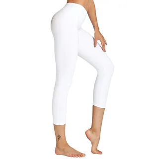 COOLOMG Damen Yoga Capris 3/4 Hosen Kompression Leggings Sport Trainingshose Weiß M