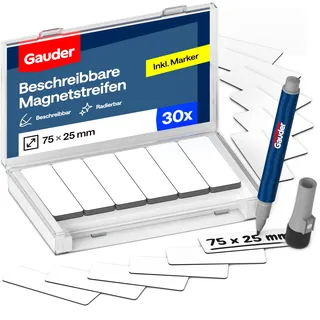 GAUDER Magnetetiketten beschreibbar - Wiederverwendbare Magnetschilder zum Beschriften für Whiteboard, Tafel, Kanban-Board und Kühlschrank - Magnetkarten mit Marker (30 Stück - 75 x 25 mm)