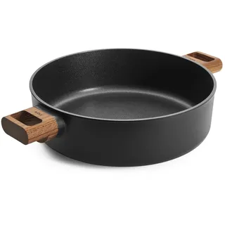 Woll Eco Logic QXR Kasserolle, rund mit 2 Holz-Seitengriffen - Induktiv -, Ø 28 cm, 8 cm hoch - Geeignet für alle Herdarten, PFAS-frei, Antihaft-Versiegelung, Aluminiumguss, backofenfest, schwarz