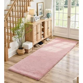 ROHATIM Teppich Läufer 60x180 cm Rosa, Flauschiger Kunstfell Läufer in Kaninchenfell-Optik, Ultraweich & rutschfest, Waschbares Deko-Fell für Flur und Schlafzimmer