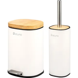 eluno Badezimmer Zubehör Set FRAMURA 2tlg. bestehend aus 1 Kosmetikeimer, 1 WC-Garnitur, aus weißem Metall und Bambus