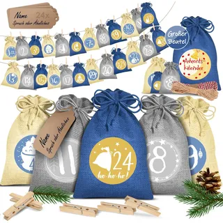 KESSER® Adventskalender zum Befüllen 24 Jutebeutel Gedruckte Stoffbeutel Kinder Weihnachtskalender zum Selber Befüllen Inkl.. 24x Schildchen + 1 Großer Aufbewahrungsbeutel Stoff - Blau