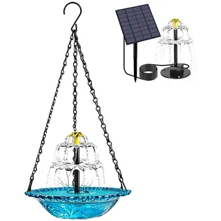 HOVCEH Vogeltränke Hängend mit Springbrunnen Solar, Vogeltränke Balkon mit Solarbrunnen und Metallketten, 3 Stufig Vogeltränke zum Aufhängen für Garten Hof Terrasse, Außen (Blau)