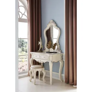 Schminktisch Spiegel Hocker Komplett Set Echtholz Schlafzimmer Barock Konsole - Weiß