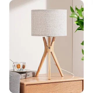 EDISHINE Nachttischlampe Holz, LED Tischlampe Wohnzimmer, Tisch Lampe Vintage mit Kabel, Leinen Lampenschirm, Landhausstil, E27 Lampe, Stativ für Schlafzimmer, Wohnzimmer, Geschenk, Beige Naturholz