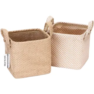 Sea Team Aufbewahrungskörbe Organizer Box Bins aus Jute- und Baumwollleinen Faltbar mit Griff Dekorativ für Haushaltswaren Schreibwaren Kleinigkeiten Spielzeug Jewerly Farbe Beige 17 * 17 * 17CM 2PCS